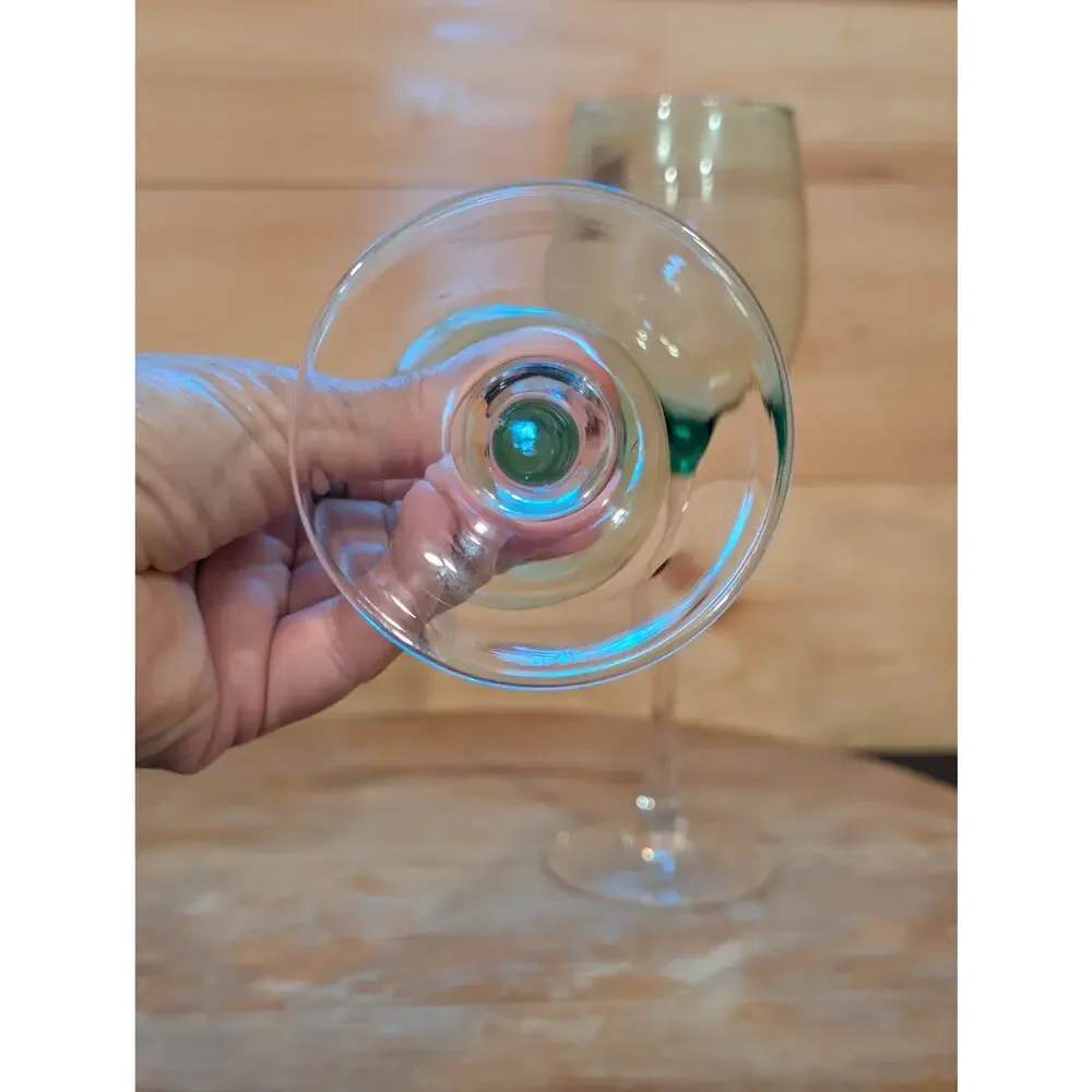Vintage Green Bowl Clear Stem Wine Glasses Set of 2 Tall 9.25